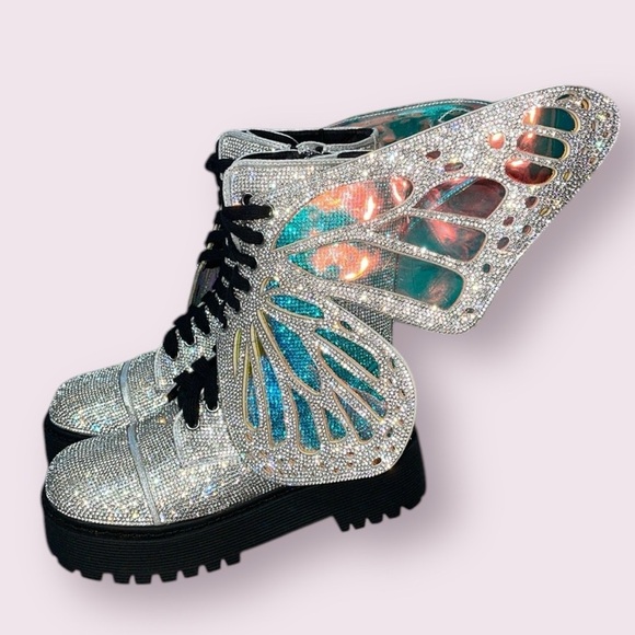 New Dolls Kill Club Exx Rhinestone Butterfly Combat Boots Fairycore Festival 5 - Picture 1 of 12